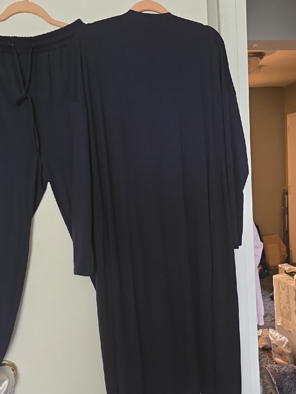 NAVY Blue Women's Pantsuit Set Lightweight Open Long Cardigan & Drawstring Pants